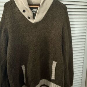 Roots Two-Tone Knit Hoodie in Olive Green and Cream